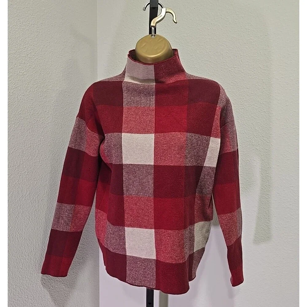 Mock Neck Sweater Red Plaid Pullover Womens Small Cabincore Cozy Academia Preppy